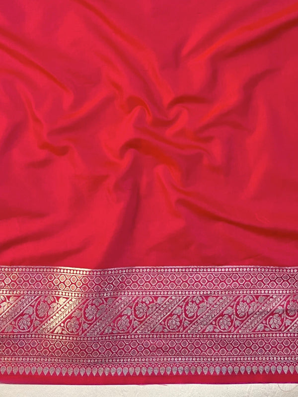 Banarasee Handwoven Semi-Katan Zari & Resham Weaving Floral Border Saree-Orange