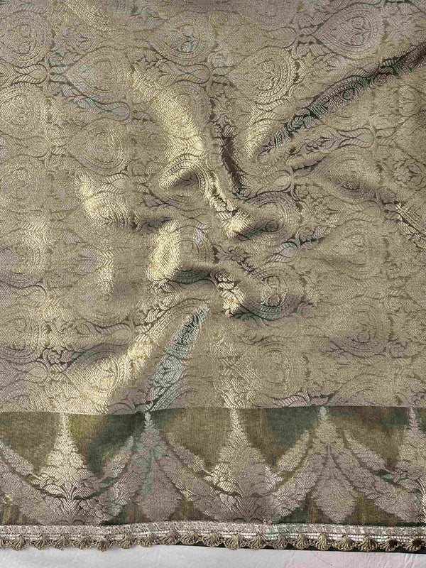 Banarasee Handwoven Crushed Tissue Saree With Zari Buta Design & Lace-Olive Green