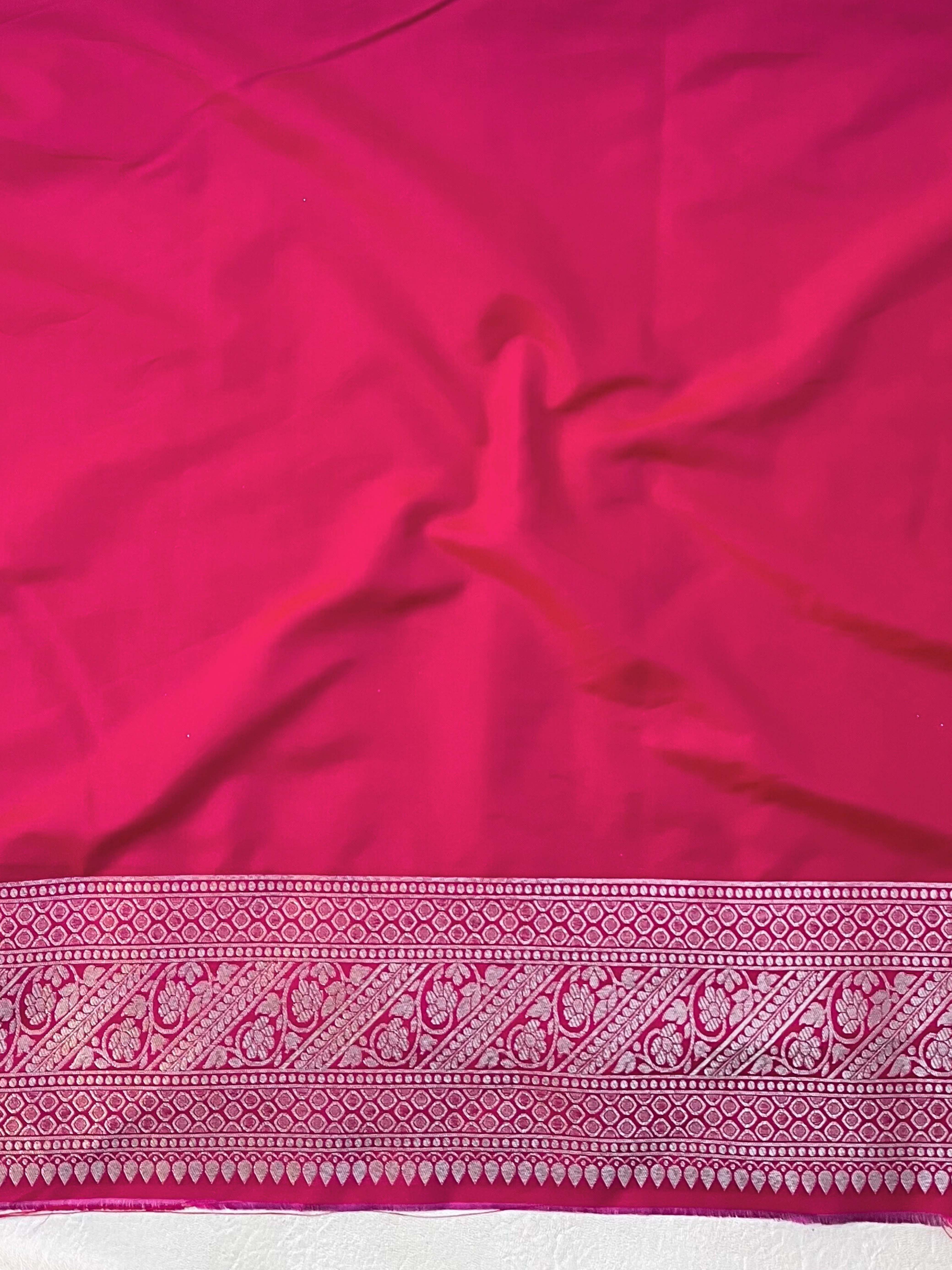 Banarasee Handwoven Semi-Katan Zari & Resham Weaving Floral Border Saree-Deep Pink