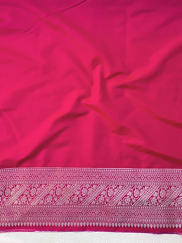 Banarasee Handwoven Semi-Katan Zari & Resham Weaving Floral Border Saree-Deep Pink