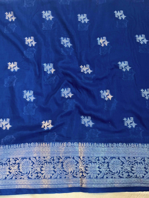 Banarasee Semi Chiffon Saree With Silver Zari Buta Design & Floral Border-Cobalt Blue