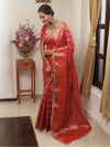 Banarasee Handwoven Semi Silk Saree With Zari Jaal Design & Lace-Red