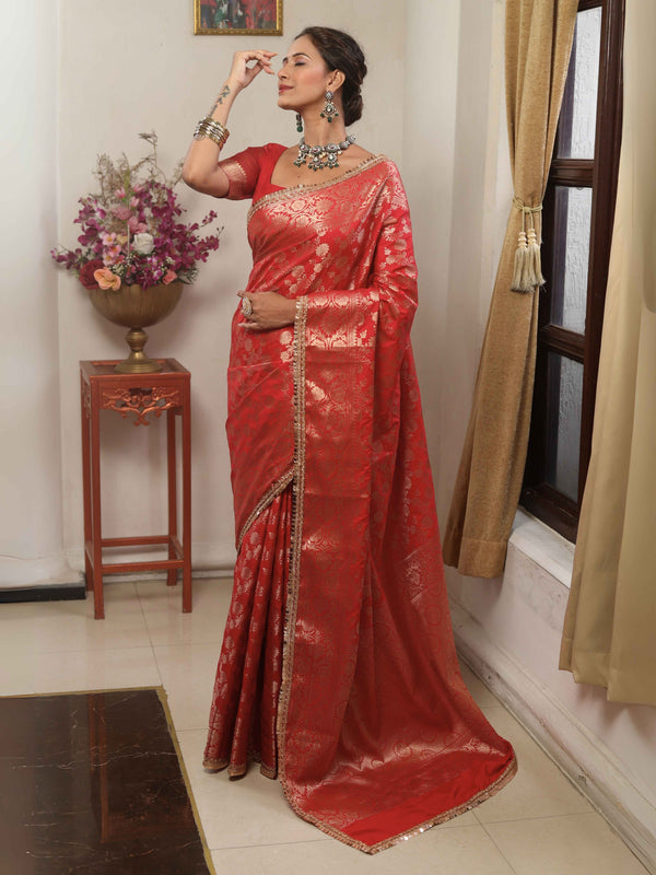 Banarasee Handwoven Semi Silk Saree With Zari Jaal Design & Lace-Red