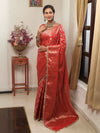 Banarasee Handwoven Semi Silk Saree With Zari Jaal Design & Lace-Red
