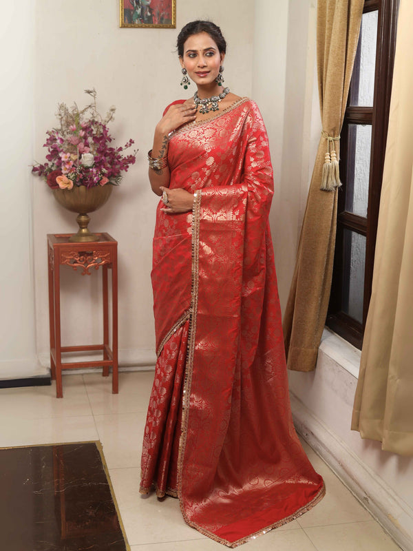 Banarasee Handwoven Semi Silk Saree With Zari Jaal Design & Lace-Red