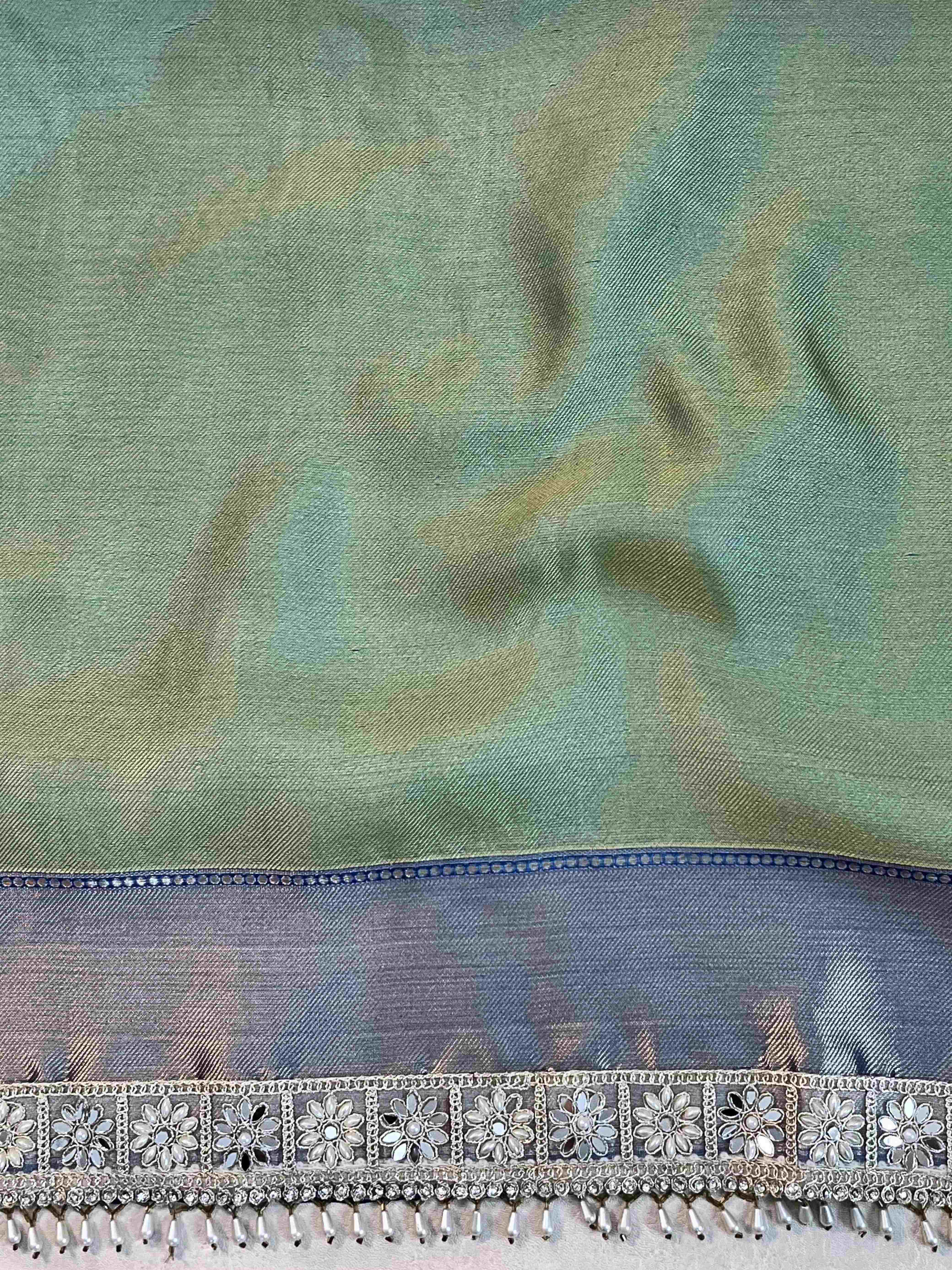 Banarasee Handwoven Tissue Saree With Floral Weaving Contrast Border & Lace-Blue (Dual Tone)