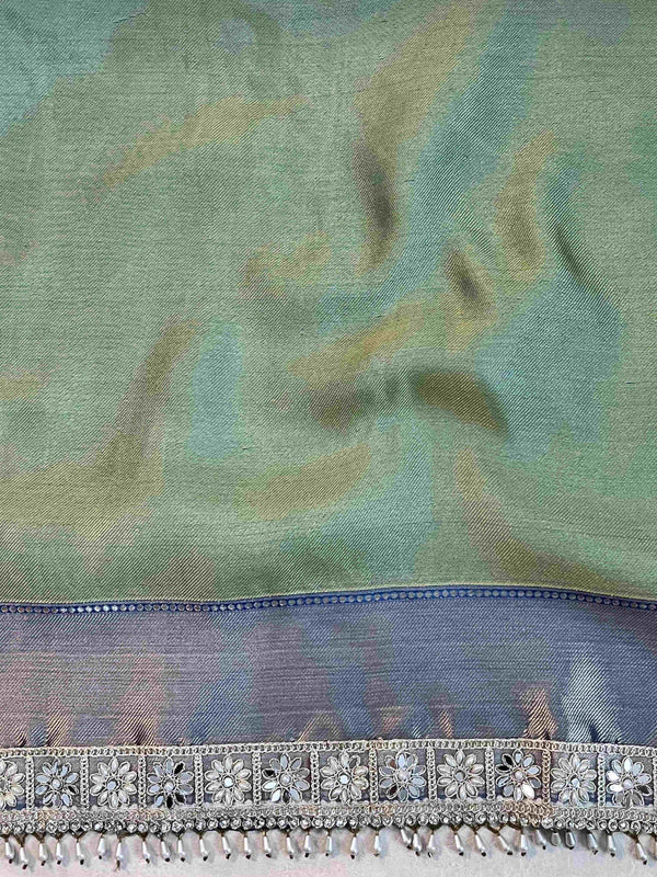 Banarasee Handwoven Tissue Saree With Floral Weaving Contrast Border & Lace-Blue (Dual Tone)