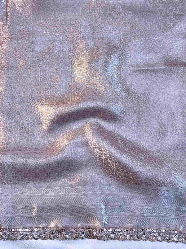 Banarasee Handwoven Tissue Saree With Silver Zari Design & Lace-Light Pink