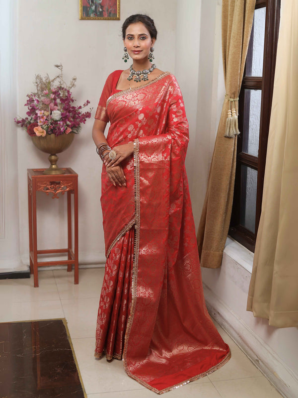 Banarasee Handwoven Semi Silk Saree With Zari Jaal Design & Lace-Red