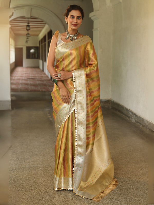 Banarasee Handwoven Tissue Saree With Hand Brush Paint Zari Design & Lace-Multicolor