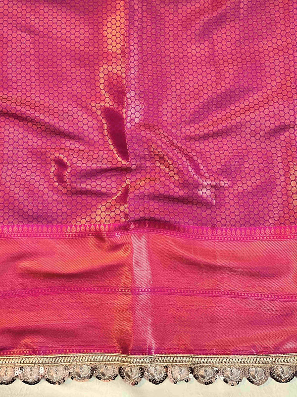 Banarasee Handwoven Tissue Saree With Zari Jaal Design Contrast Border & Lace-Magenta