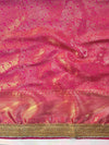 Banarasee Handwoven Tissue Saree With Contrast Border & Lace-Golden Yellow & Pink