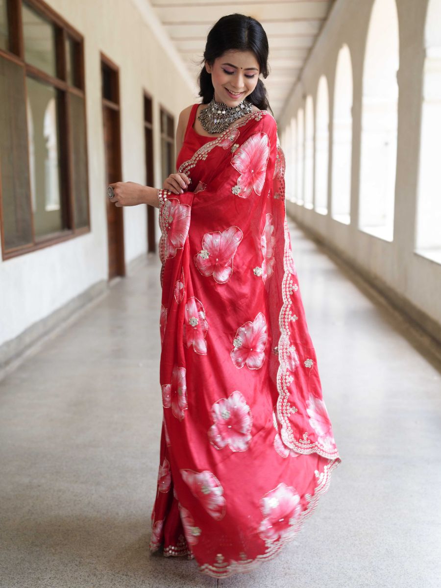 Banarasee Handwoven Satin Floral Printed Saree With Handwork & Scallop Border-Red