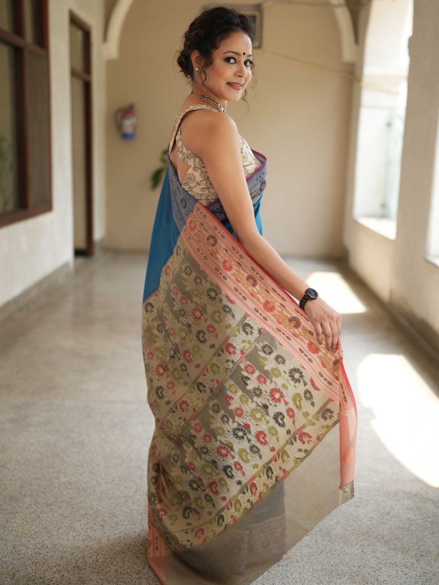 Banarasee Cotton Silk Saree With Resham Border & Pallu-Blue