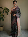 Banarasee Cotton Silk Jamdani Saree With Resham & Zari Design-Black