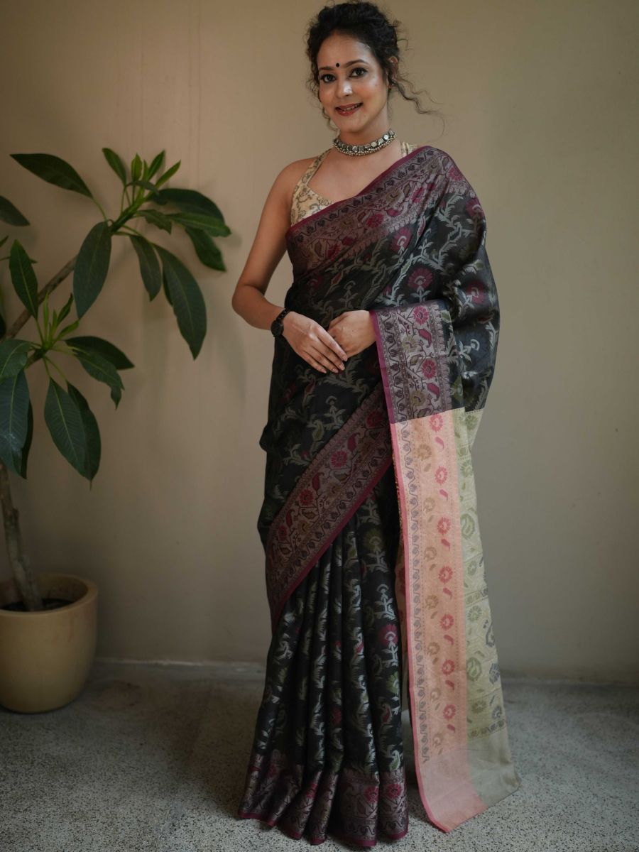 Banarasee Cotton Silk Jamdani Saree With Resham & Zari Design-Black