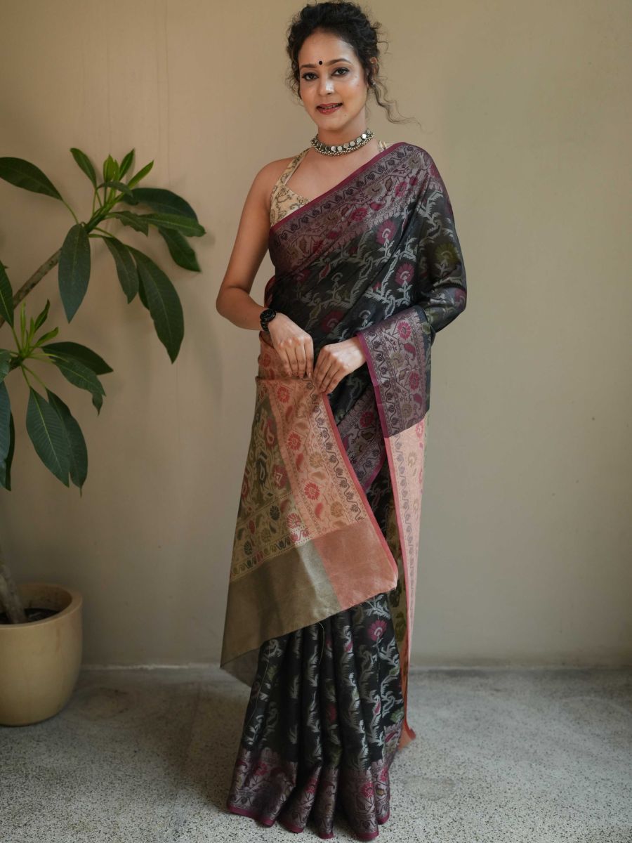 Banarasee Cotton Silk Jamdani Saree With Resham & Zari Design-Black