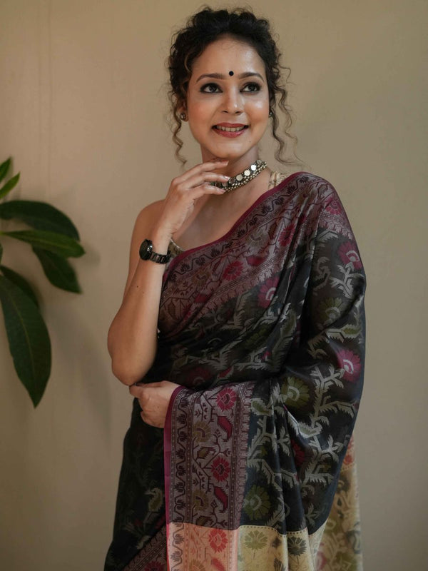 Banarasee Cotton Silk Jamdani Saree With Resham & Zari Design-Black
