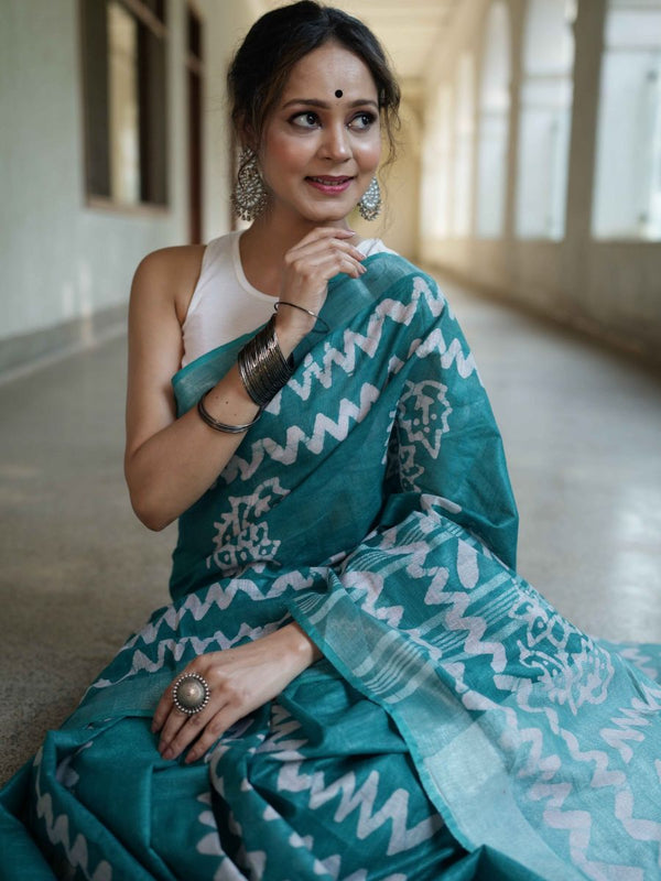 Bhagalpur Handloom Pure Linen Cotton Batik Pattern Saree-Teal Green