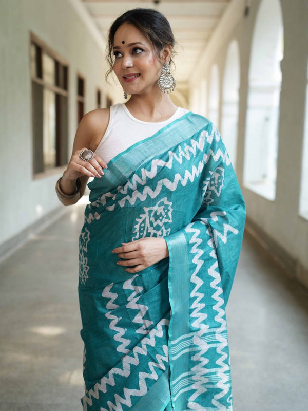 Bhagalpur Handloom Pure Linen Cotton Batik Pattern Saree-Teal Green
