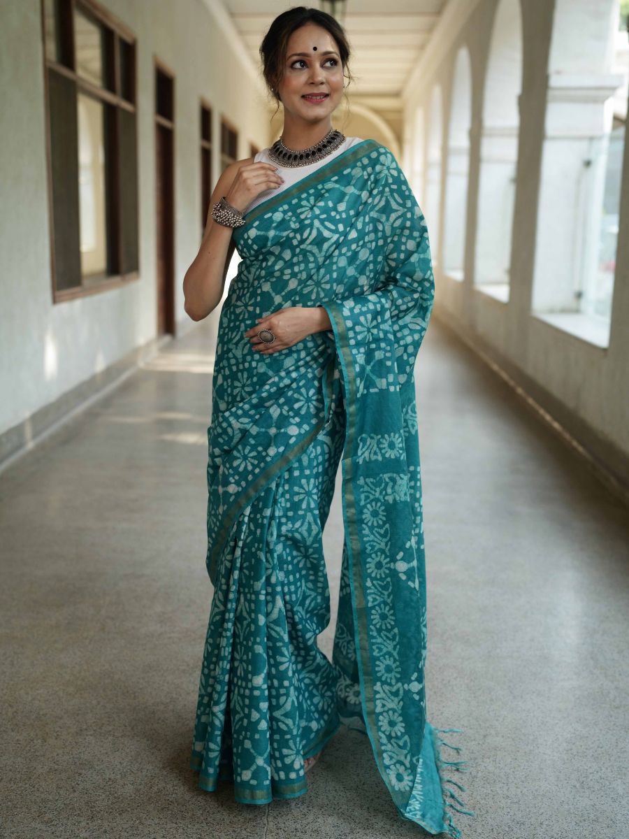 Bhagalpur Handloom Pure Linen Cotton Batik Pattern Saree-Teal Green