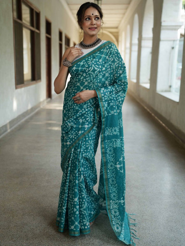Bhagalpur Handloom Pure Linen Cotton Batik Pattern Saree-Teal Green