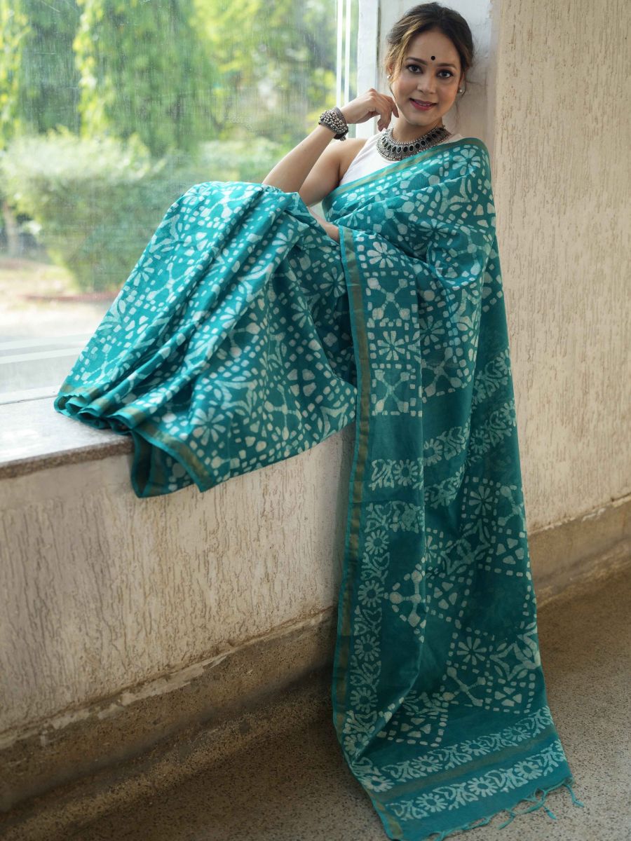Bhagalpur Handloom Pure Linen Cotton Batik Pattern Saree-Teal Green