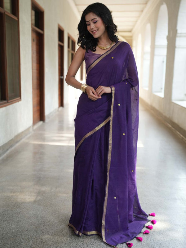 Handloom Mul Cotton Saree With Mirror Work Gold Zari Border-Violet
