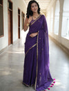 Handloom Mul Cotton Saree With Mirror Work Gold Zari Border-Violet