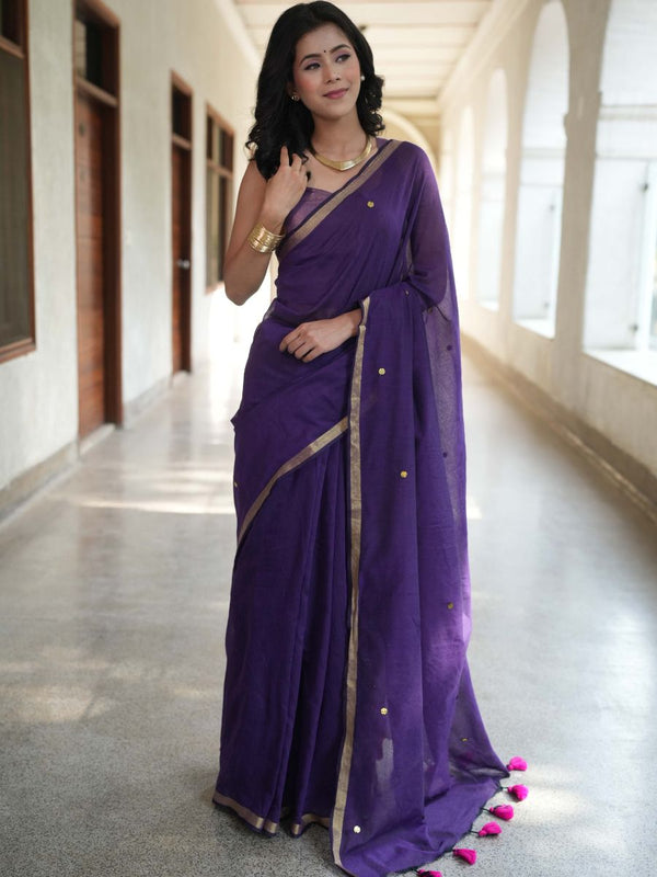 Handloom Mul Cotton Saree With Mirror Work Gold Zari Border-Violet