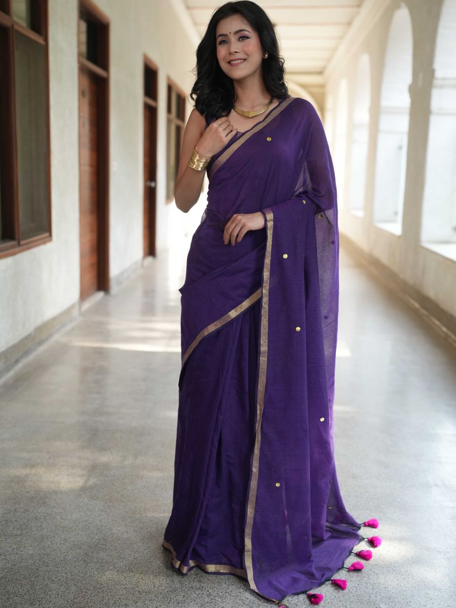 Handloom Mul Cotton Saree With Mirror Work Gold Zari Border-Violet
