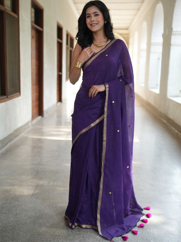 Handloom Mul Cotton Saree With Mirror Work Gold Zari Border-Violet