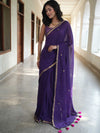 Handloom Mul Cotton Saree With Mirror Work Gold Zari Border-Violet