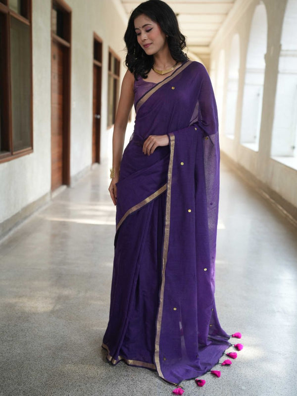 Handloom Mul Cotton Saree With Mirror Work Gold Zari Border-Violet