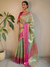 Banarasee Handwoven Broad Border Tissue Saree With Embroidered Design-Green & Pink