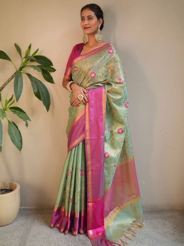 Banarasee Handwoven Broad Border Tissue Saree With Embroidered Design-Green & Pink