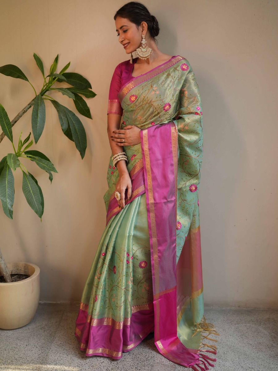 Banarasee Handwoven Broad Border Tissue Saree With Embroidered Design-Green & Pink