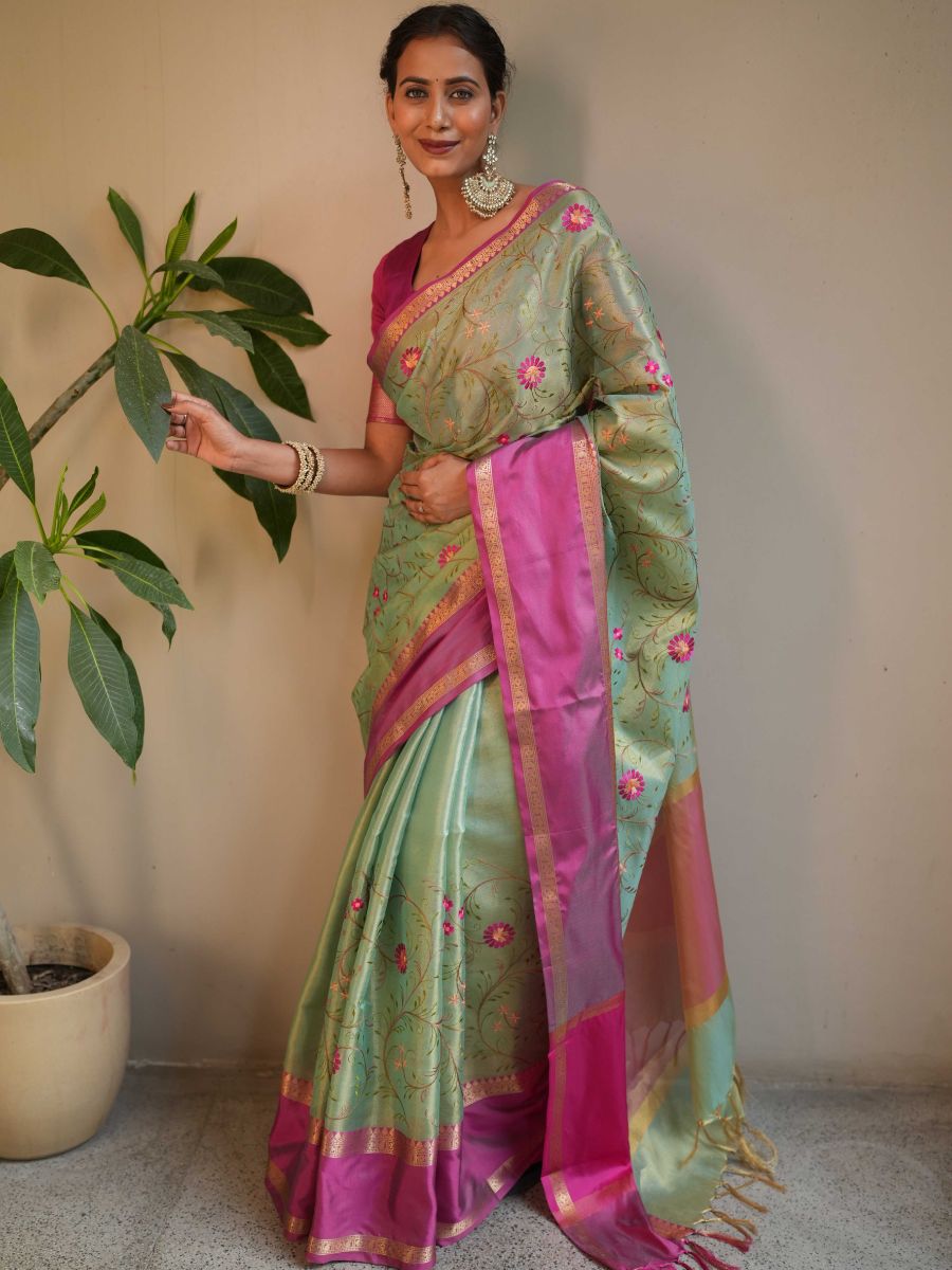 Banarasee Handwoven Broad Border Tissue Saree With Embroidered Design-Green & Pink