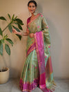 Banarasee Handwoven Broad Border Tissue Saree With Embroidered Design-Green & Pink
