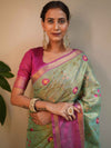 Banarasee Handwoven Broad Border Tissue Saree With Embroidered Design-Green & Pink
