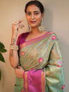 Banarasee Handwoven Broad Border Tissue Saree With Embroidered Design-Green & Pink