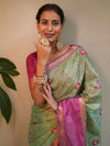 Banarasee Handwoven Broad Border Tissue Saree With Embroidered Design-Green & Pink