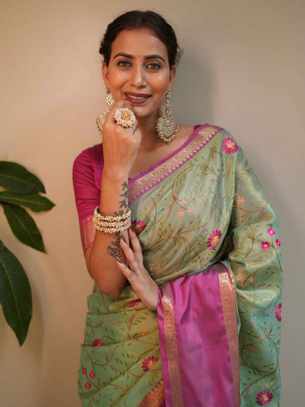 Banarasee Handwoven Broad Border Tissue Saree With Embroidered Design-Green & Pink