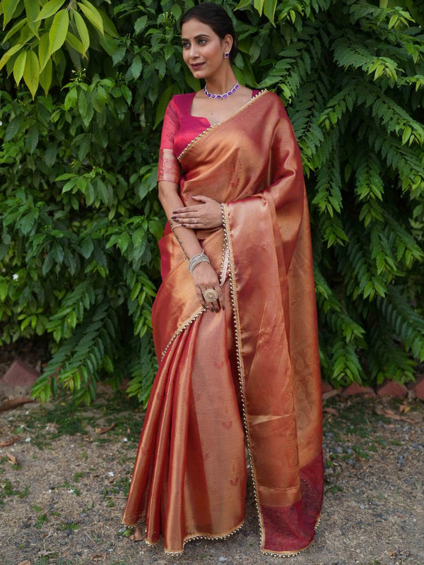 Banarasee Handwoven Tissue Zari Jaal Design Saree With Broder & Lace-Red