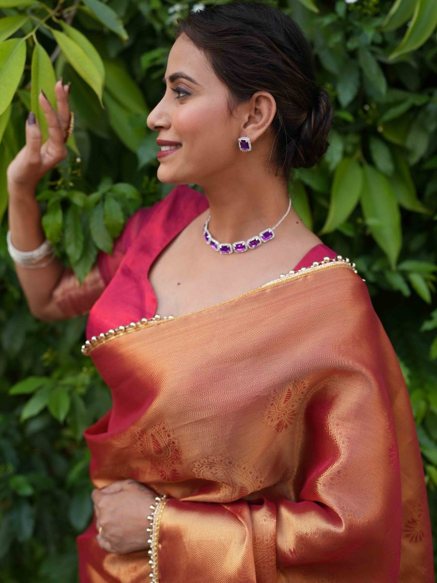 Banarasee Handwoven Tissue Zari Jaal Design Saree With Broder & Lace-Red