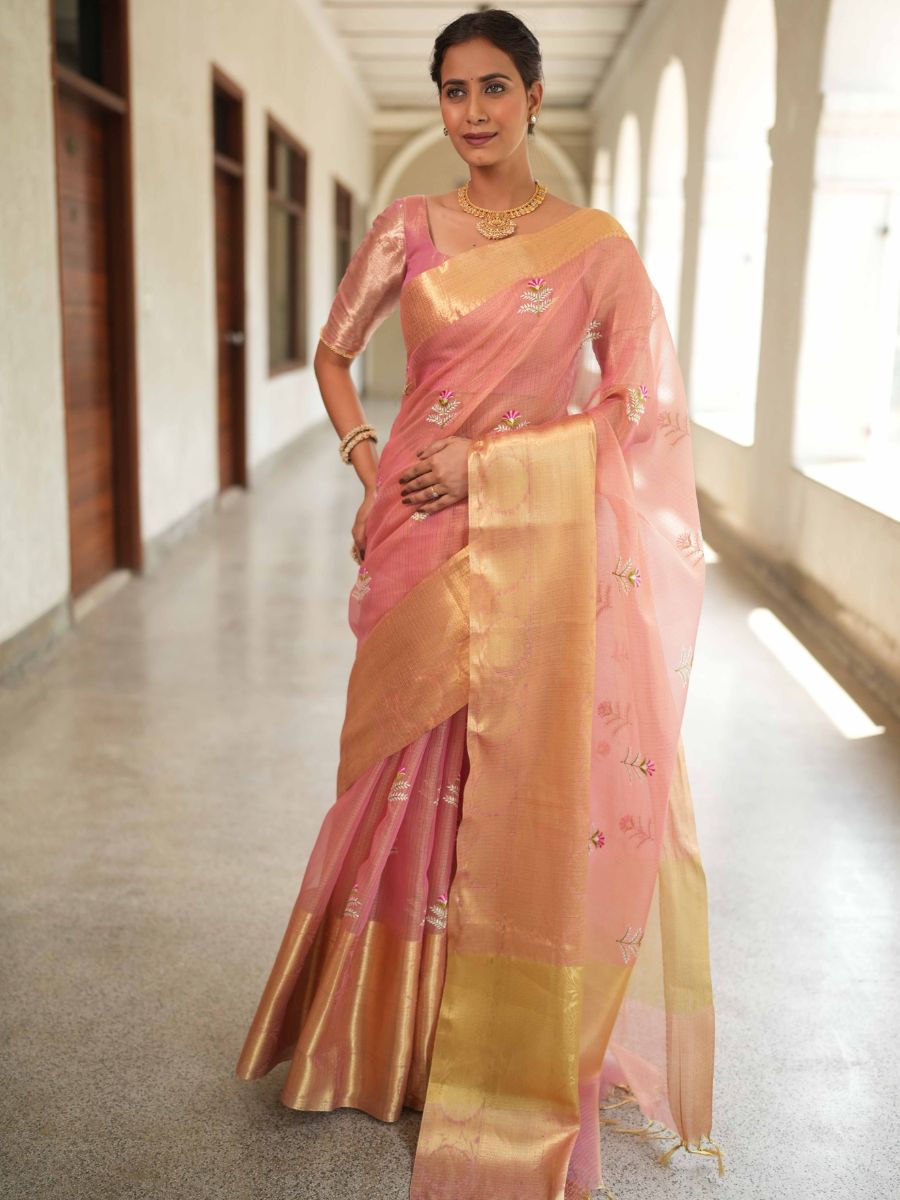Banarasee Handwoven Broad Border Tissue Saree With Embroidered Design-Pink