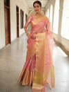 Banarasee Handwoven Broad Border Tissue Saree With Embroidered Design-Pink