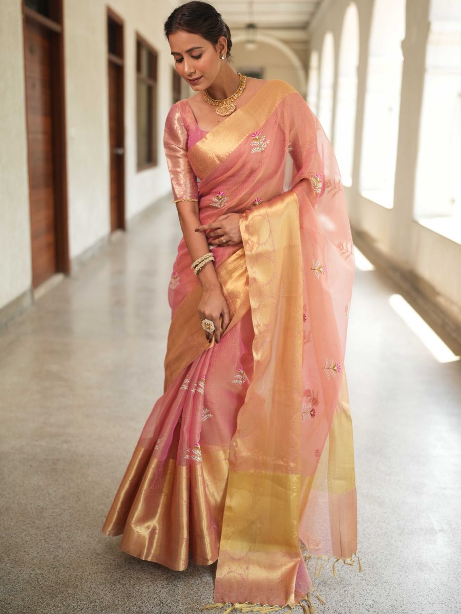 Banarasee Handwoven Broad Border Tissue Saree With Embroidered Design-Pink