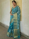 Banarasee Handwoven Broad Border Tissue Saree With Embroidered Jaal Design-Blue