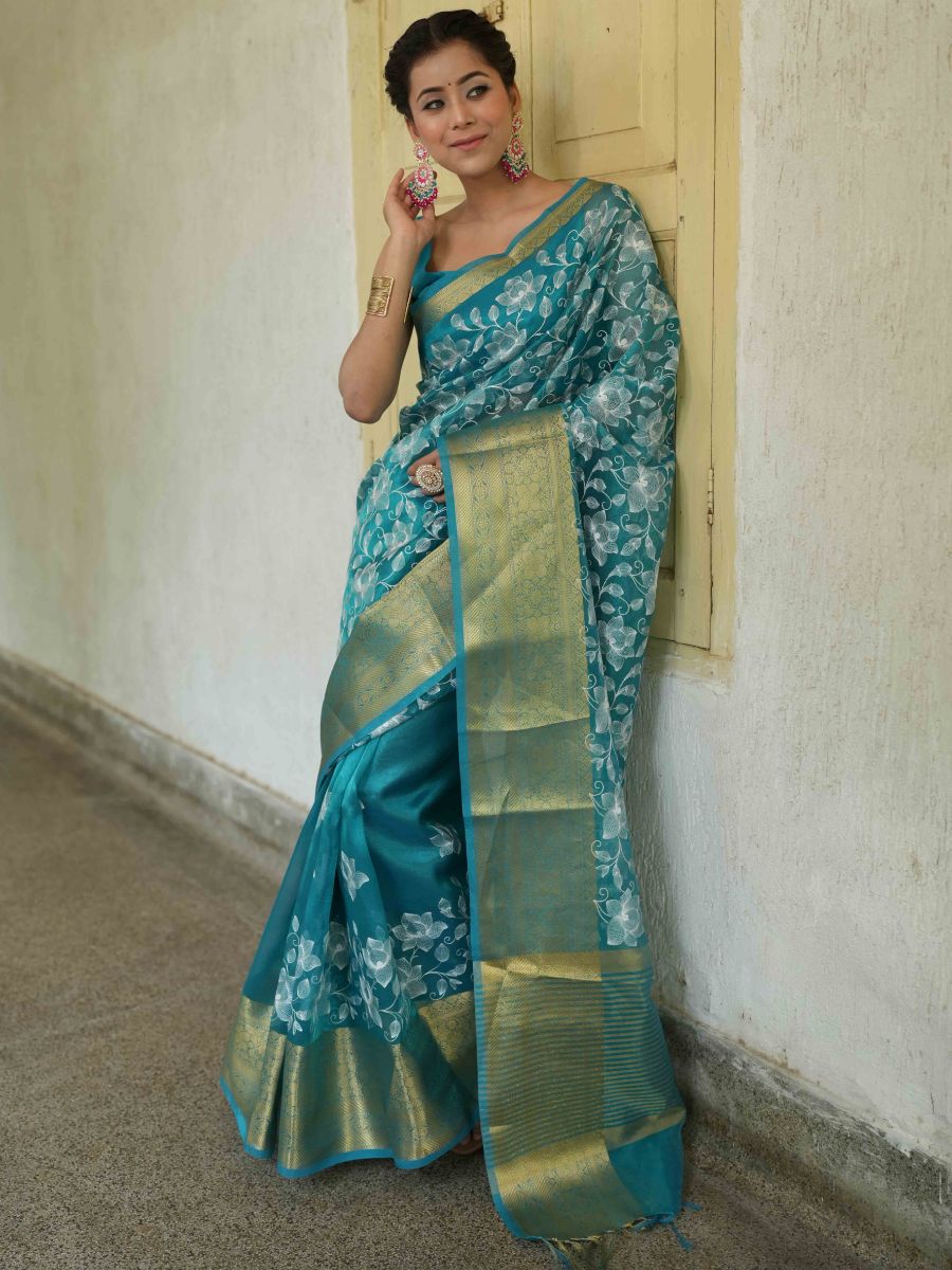 Banarasee Handwoven Broad Border Tissue Saree With Embroidered Jaal Design-Blue